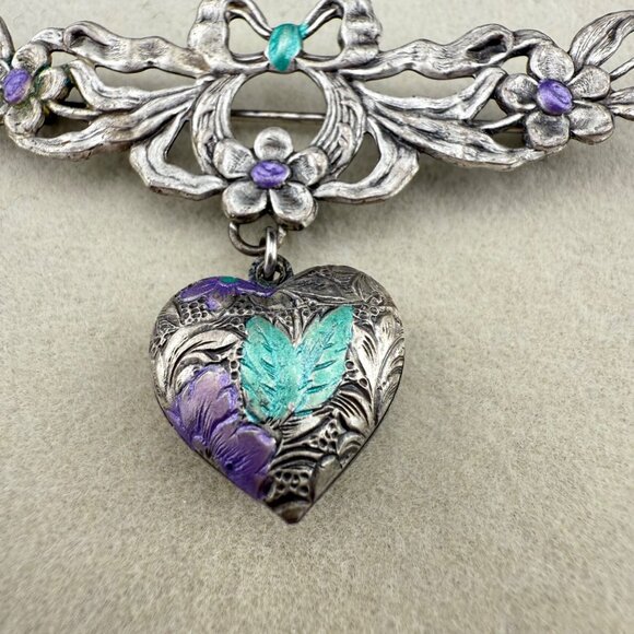 Vintage Silver Tone Floral Brooch With Purple & Green Enamel Heart Dangle Pendan - Picture 2 of 4